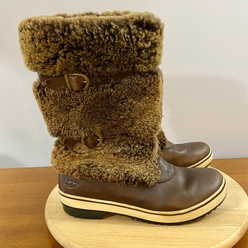 UGG Australia Lilyan Boots Women's 9 Brown Leather Shearling Fur Snow Waterproof